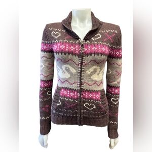 Talula Sweater Zip Up 100% Lambswool Swans Brown/Pink/White Size XSmall EUC